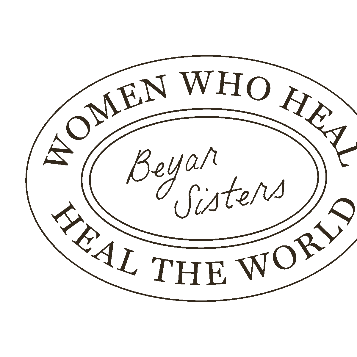 A circular logo with the text 'Women Who Heal, Heal the World' around the perimeter and 'Beyar Sisters' written in the center.