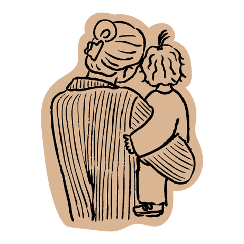 A drawing of an adult and a child, seen from the back, with the adult carrying the child on their shoulder.