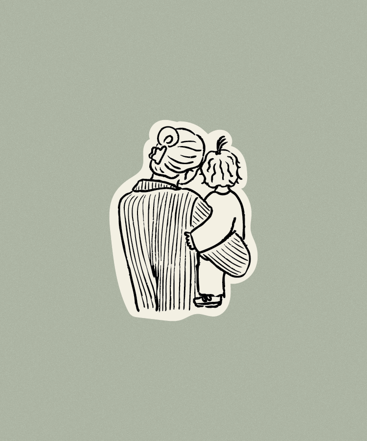 Line drawing of a woman and a child hugging, seen from behind, with a plain light green background.