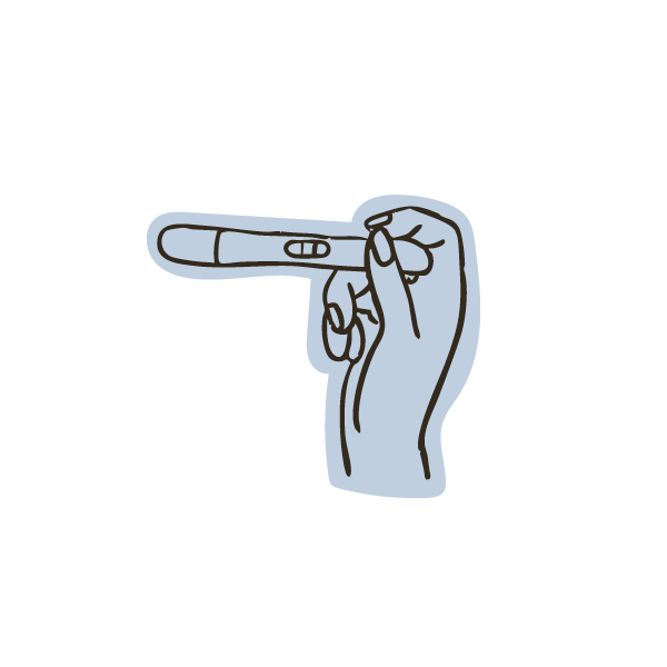Illustration of a hand holding a pregnancy test.