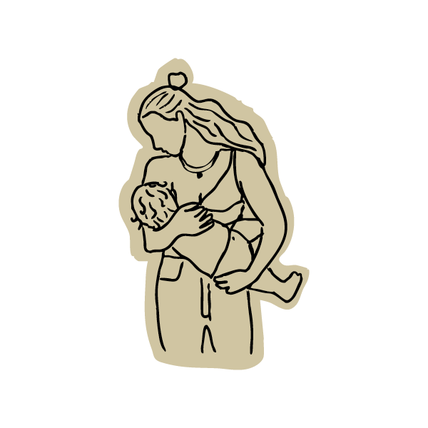 Line drawing of a woman holding a child in her arms.