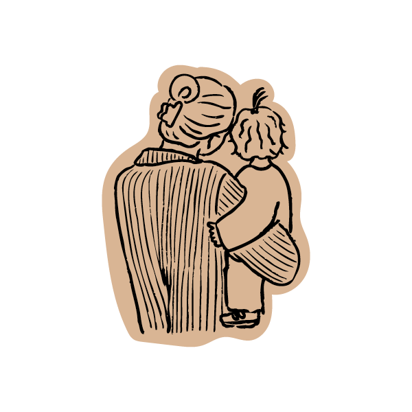 Illustration of a woman holding a child, shown from the back, with the woman having her hair tied up and wearing a striped sweater.
