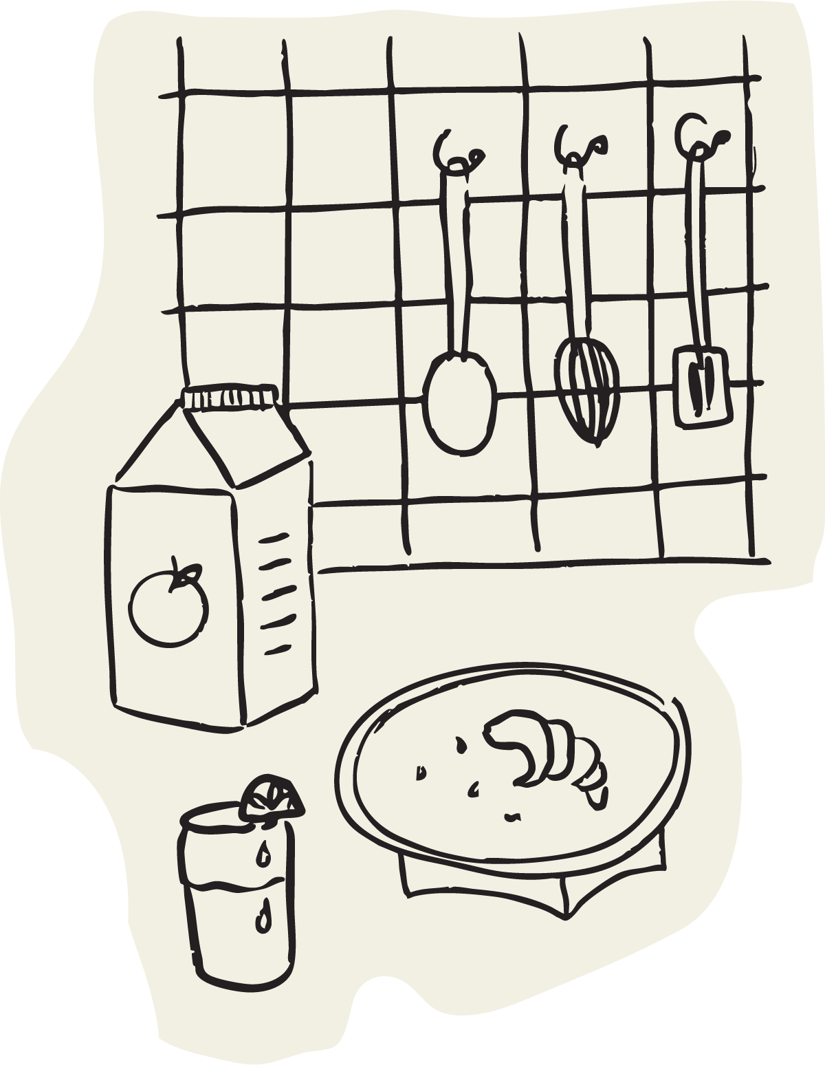 A hand-drawn sketch of a kitchen scene with a hanging grid rack holding kitchen utensils, a carton of juice, a plate with food, and a glass with a slice of lemon.