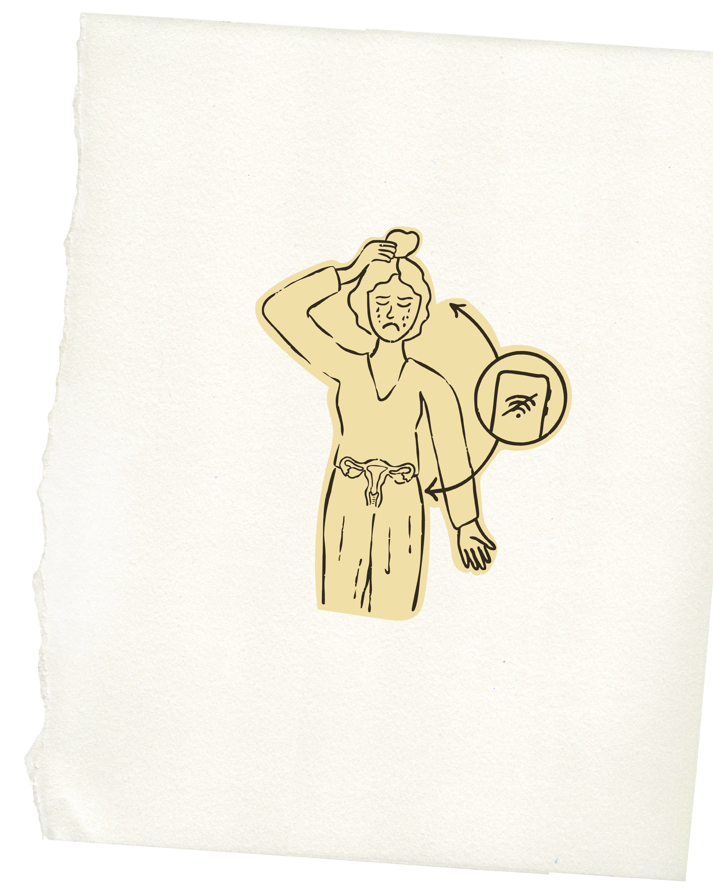 A line drawing of a worried woman touching her head. An arrow points to her arm, highlighting a signal or message. The woman appears to be in distress or confusion.