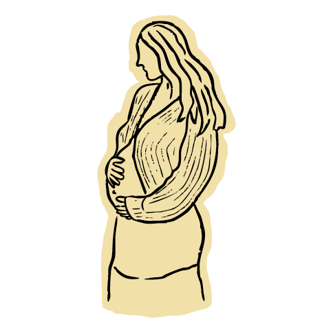 Line drawing of a pregnant woman gently cradling her belly with her hands.