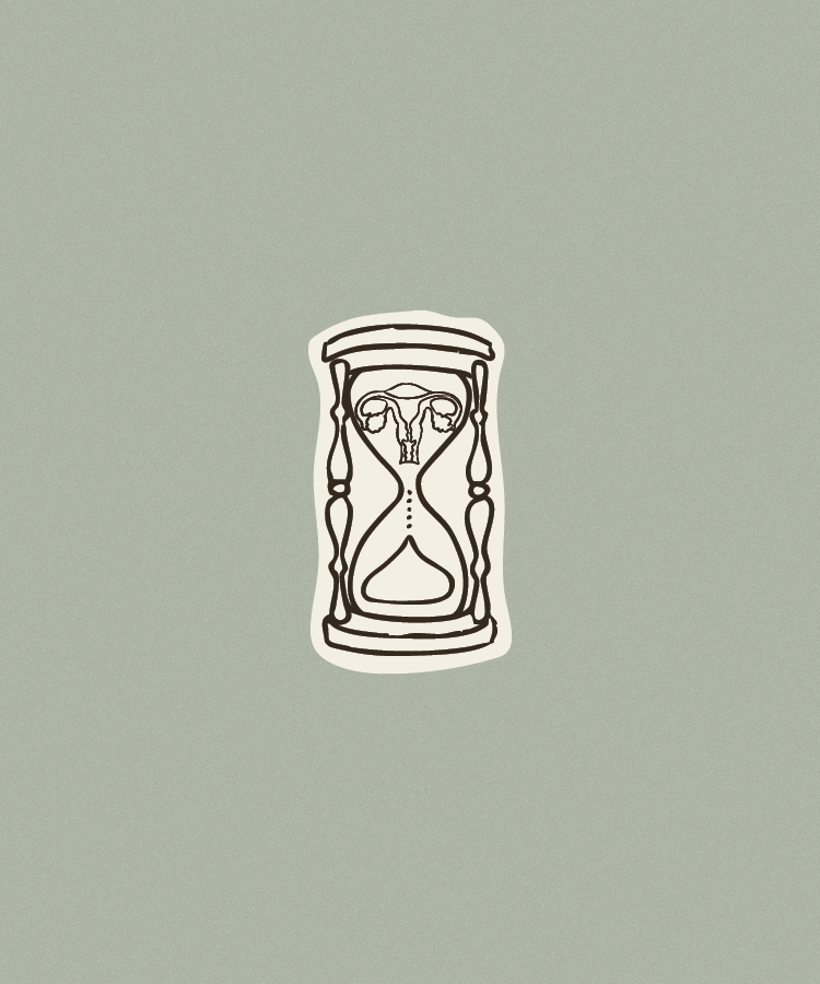 Stylized black and white illustration of an hourglass, set against a pale green background.