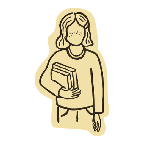 Illustration of a girl with shoulder-length hair holding textbooks.