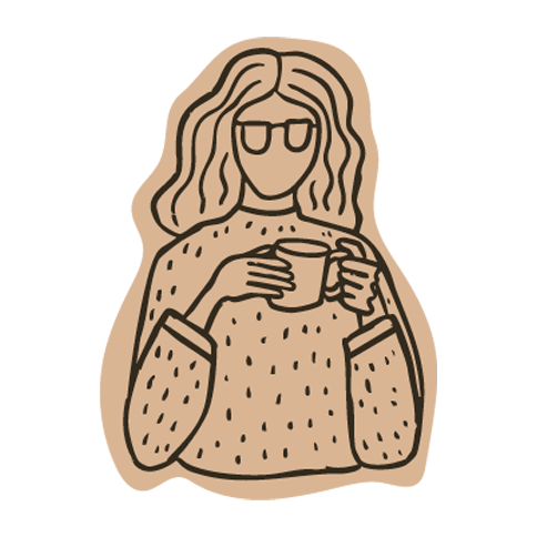 Illustration of a woman with long, wavy hair wearing glasses and a sweater, holding a mug.
