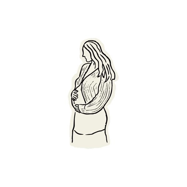 Line drawing of a pregnant woman with long hair, holding her belly with both hands.