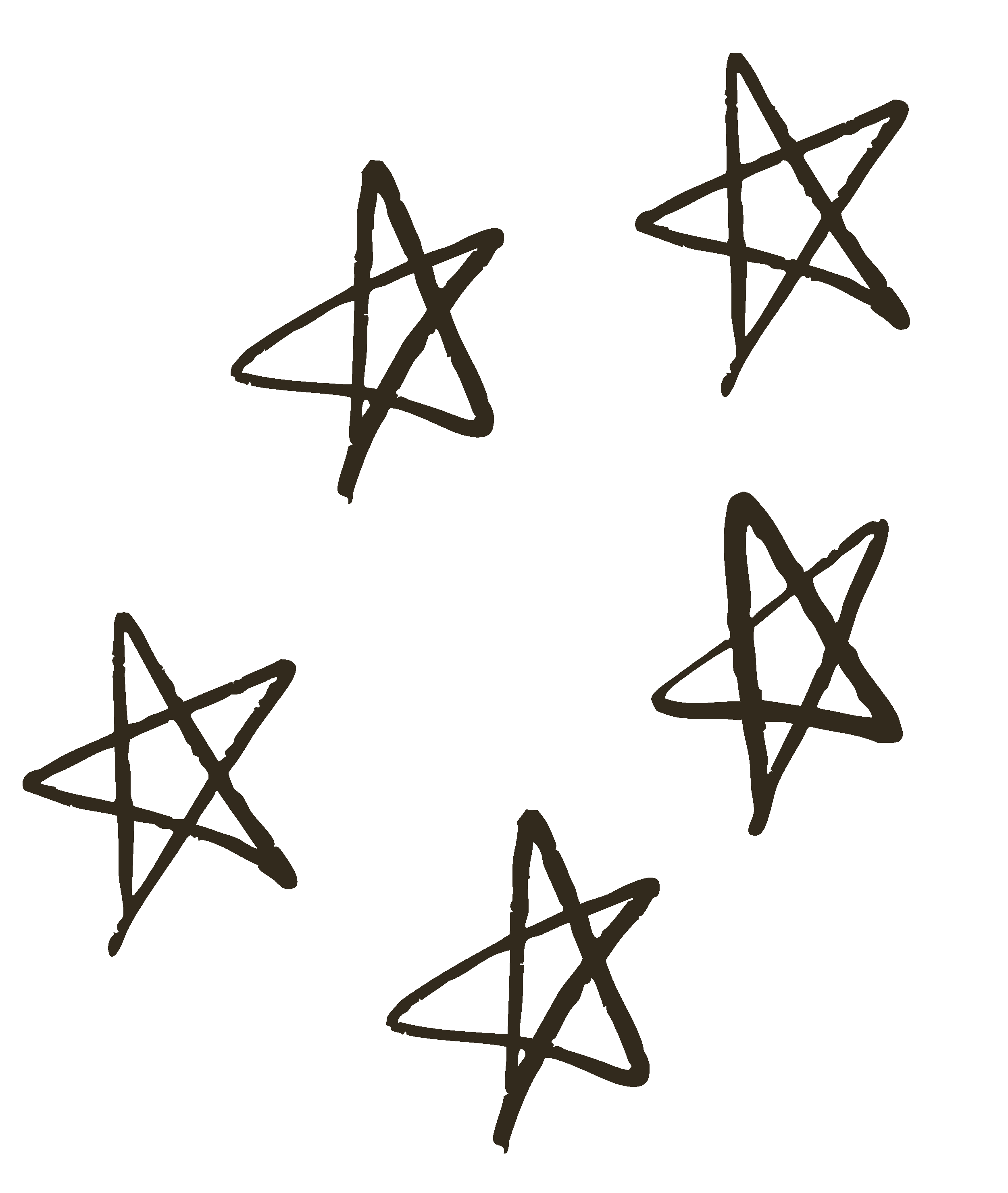 Five hand-drawn stars outlined with brown lines arranged in a circular pattern.