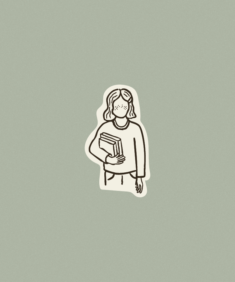 Simple black and white illustration of a person with shoulder-length hair, holding books, standing against a green background.