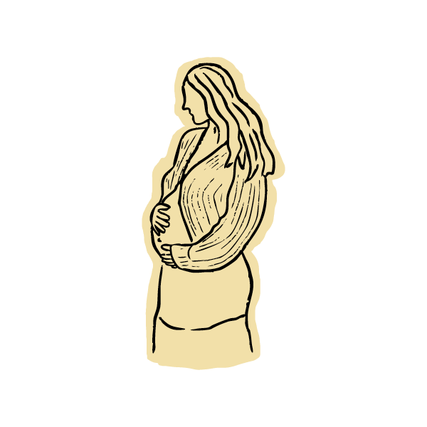 Line art illustration of a pregnant woman with long hair, holding her belly with both hands.