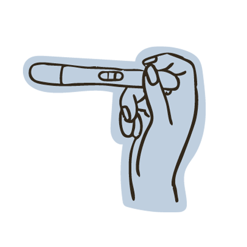 Line drawing of a hand holding a pregnancy test.