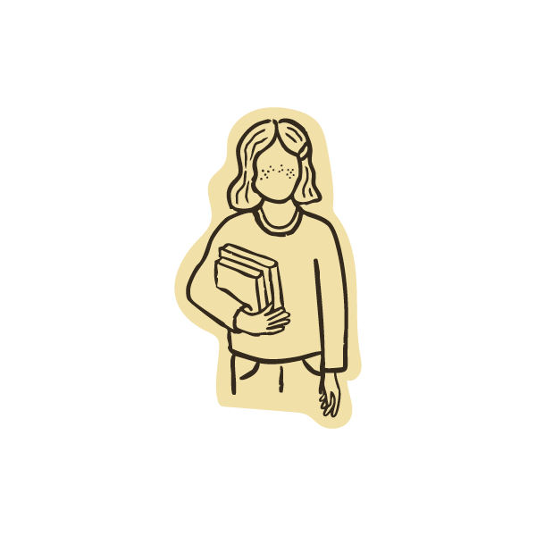 Illustration of a girl holding books, with a blank face and long hair, in a simple line drawing style.