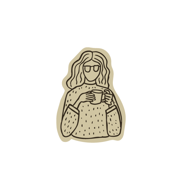 Illustration of a woman with wavy hair and glasses holding a coffee cup.