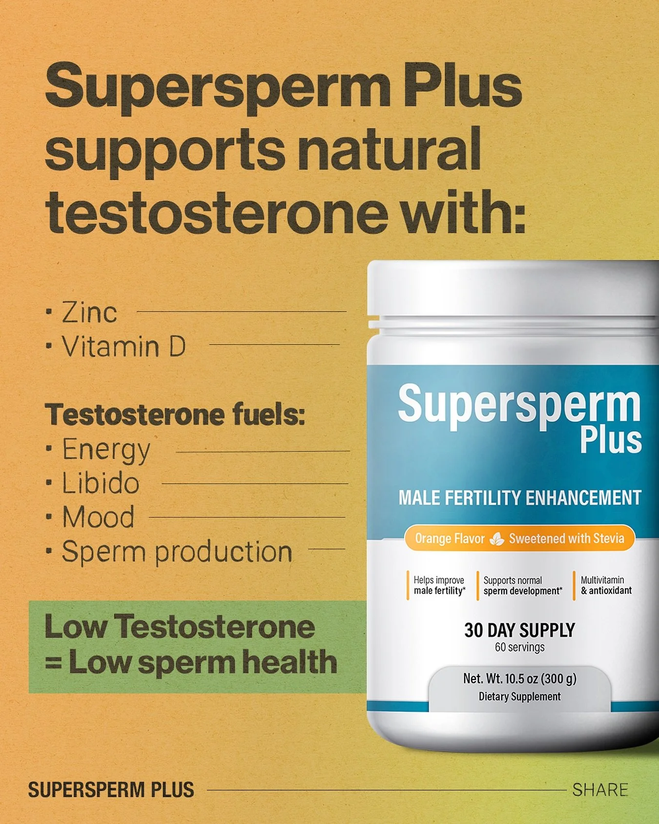Supersperm Plus supports: 

- Testosterone 💪
- Cellular energy 🧬
- Antioxidants 🏆
- Mental clarity 🧠

Your fertility reflects your internal health 🙋&zwj;♂️

Take care of your future, starting today 🔝

#supersperm #supplement #man #supplements #