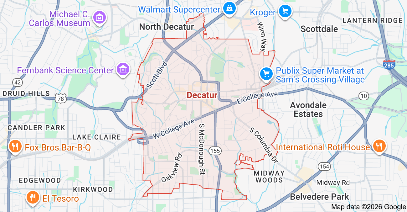 Map of Decatur, Georgia, highlighting neighborhoods and nearby landmarks such as Walmart, Kroger, and restaurants.