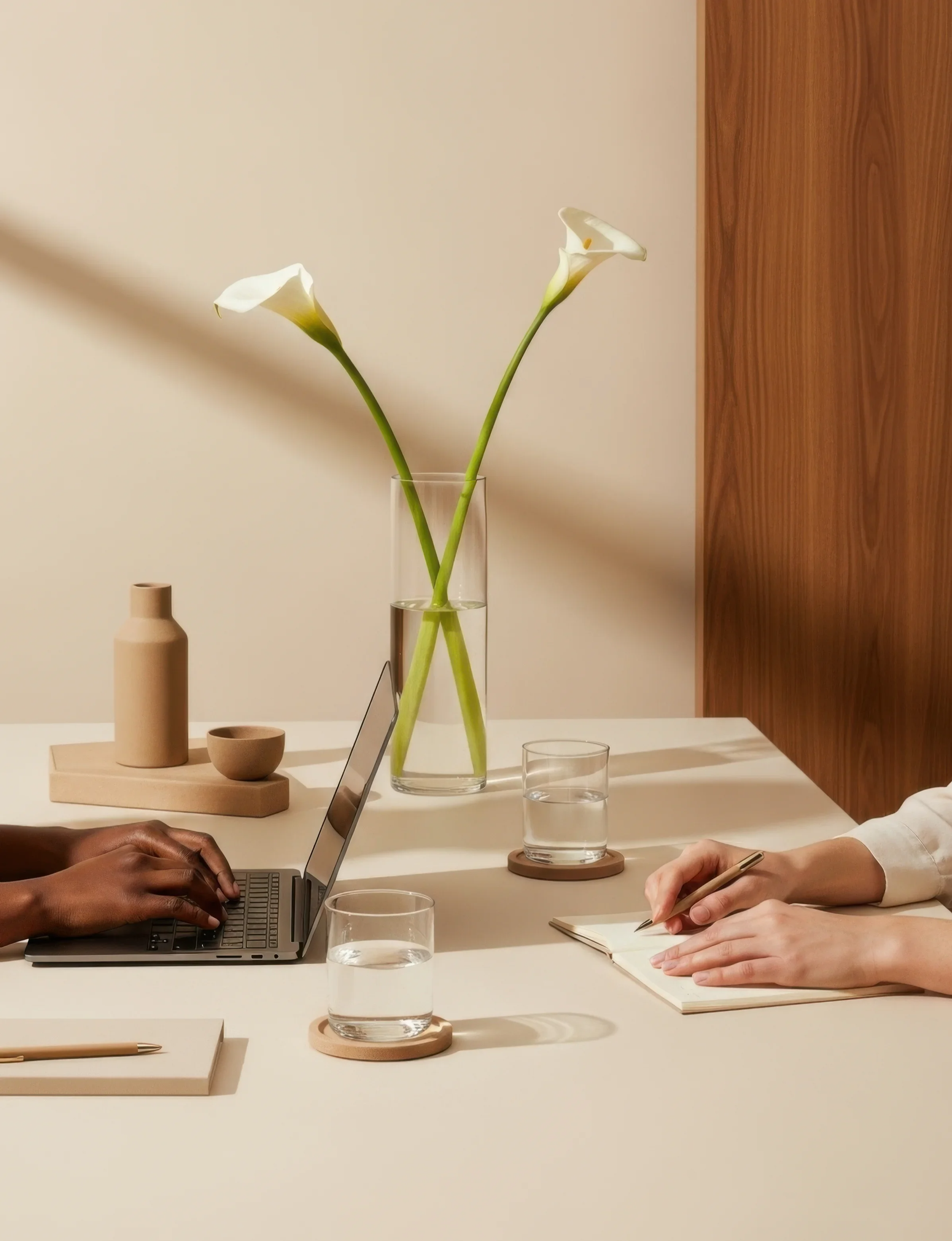 A therapy session with two people; one typing on a laptop, the other writing in a notebook. On the table are two glasses of water, coasters, a small notepad, and pens. In the background, there is a tall, clear vase with two white calla lilies.