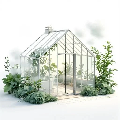 A glass greenhouse surrounded by lush green plants and shrubs.