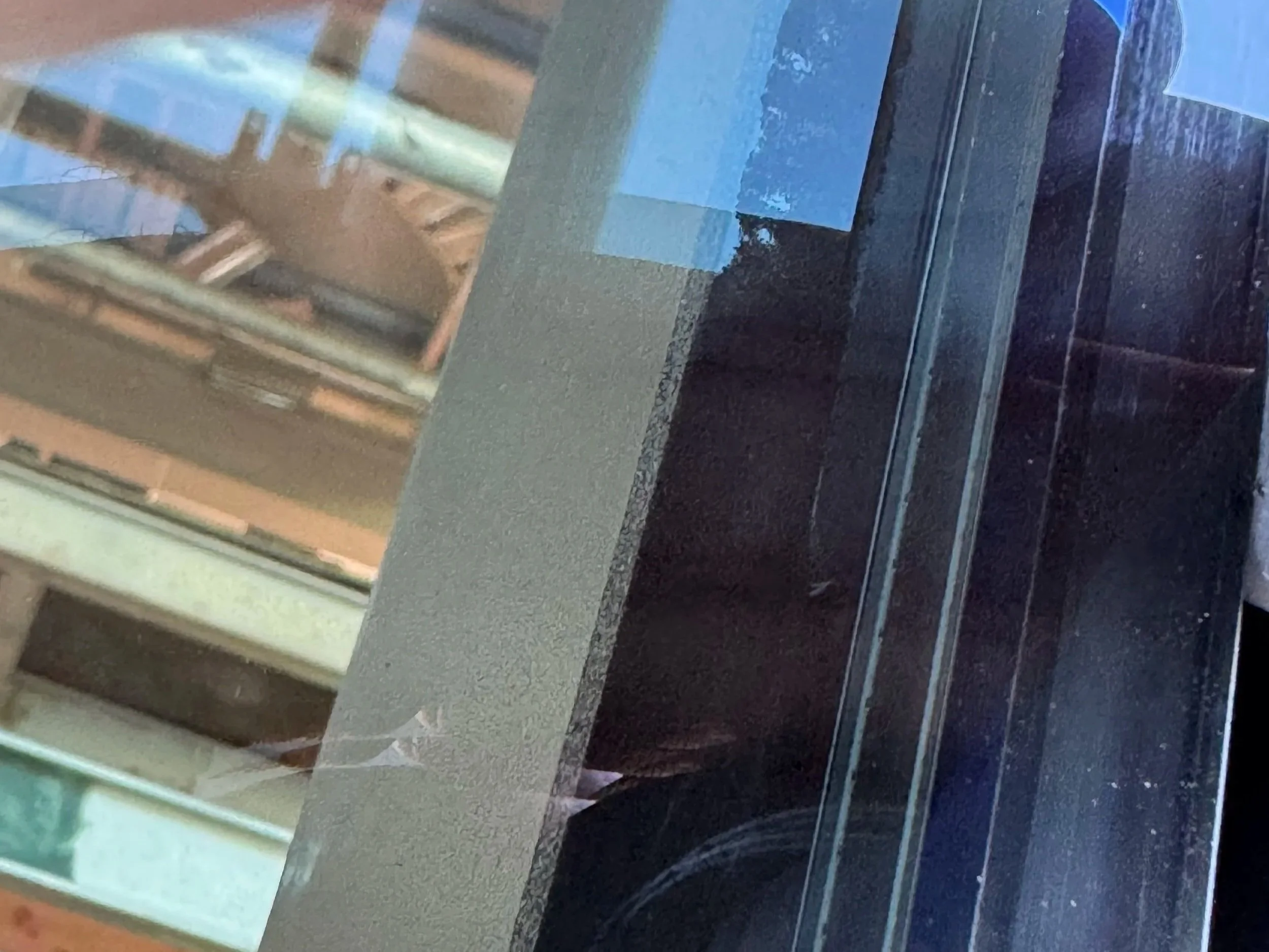 Close-up of a glass display case with metal and black shelving inside.