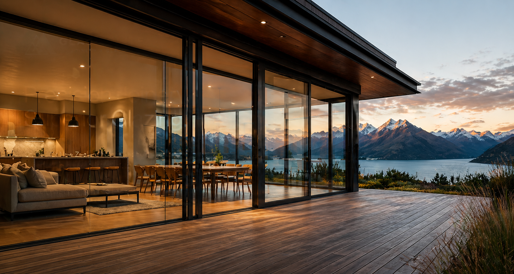 Modern house with large glass sliding doors opening to a wooden deck, overlooking a mountain lake at sunset, with snow-capped mountains in the background.