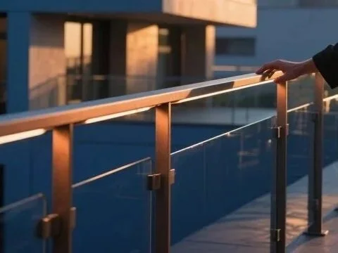 A person's hand resting on a rooftop safety railing with a cityscape in the background during sunset.
