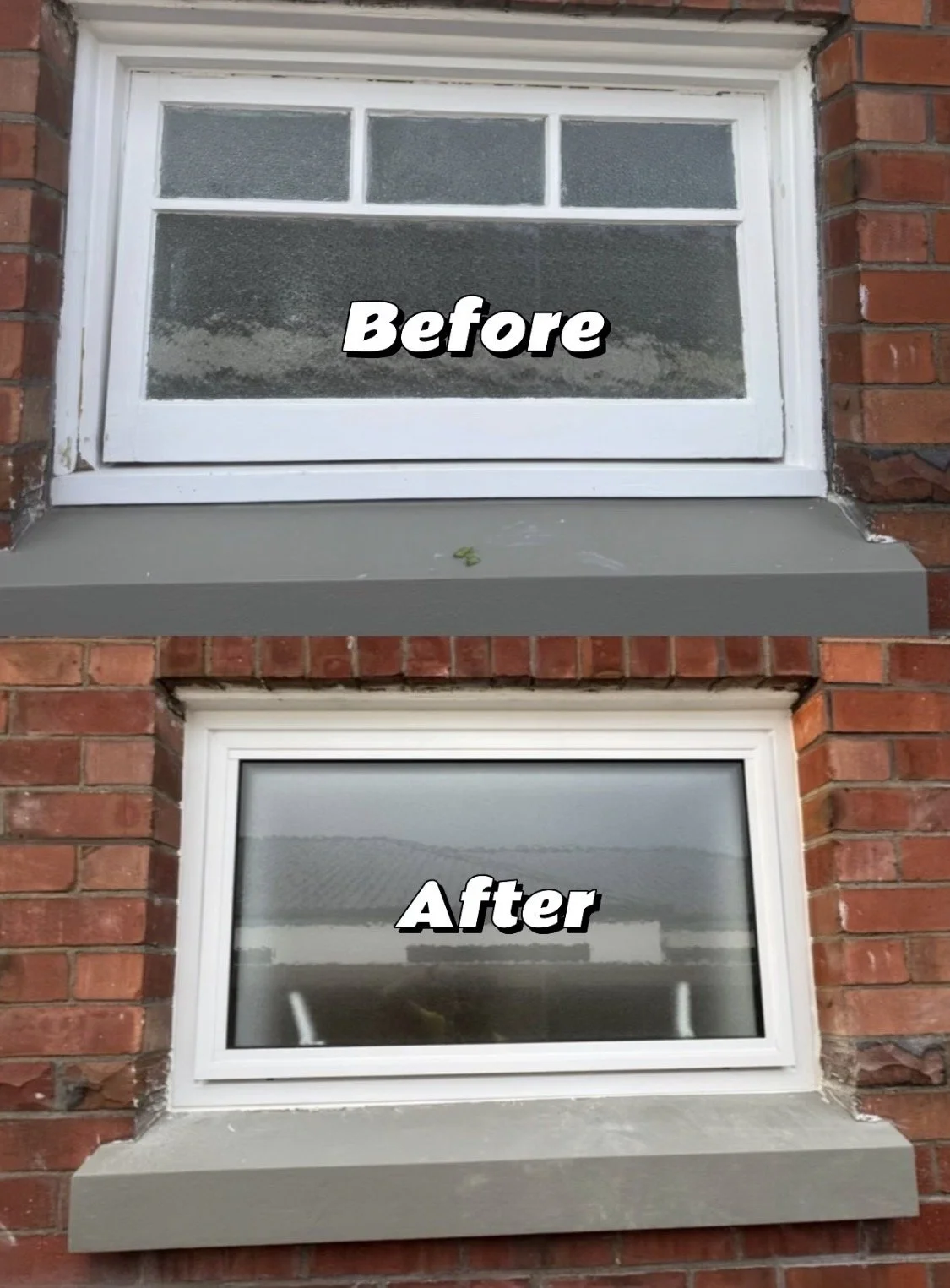 Comparison of a dirty and clean window in a brick house, labeled 'Before' on the top and 'After' on the bottom.