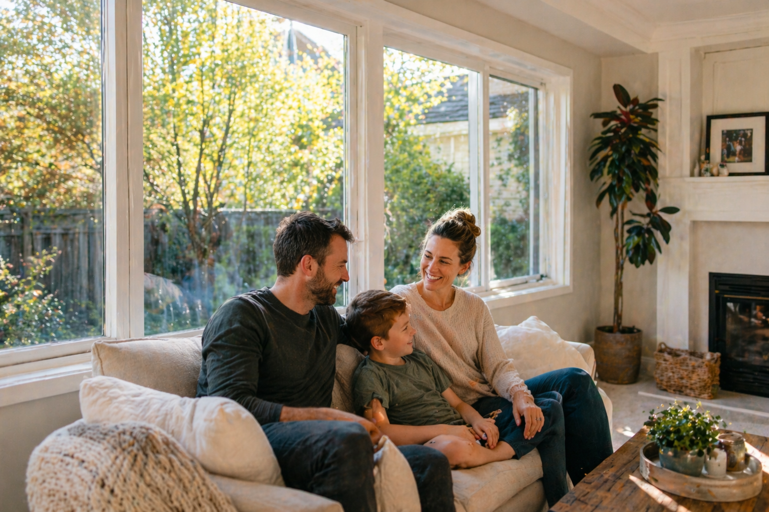 A family of three, consisting of a man, woman, and boy, sitting together on a sofa in a living room with large windows showing trees outside, smiling and chatting.