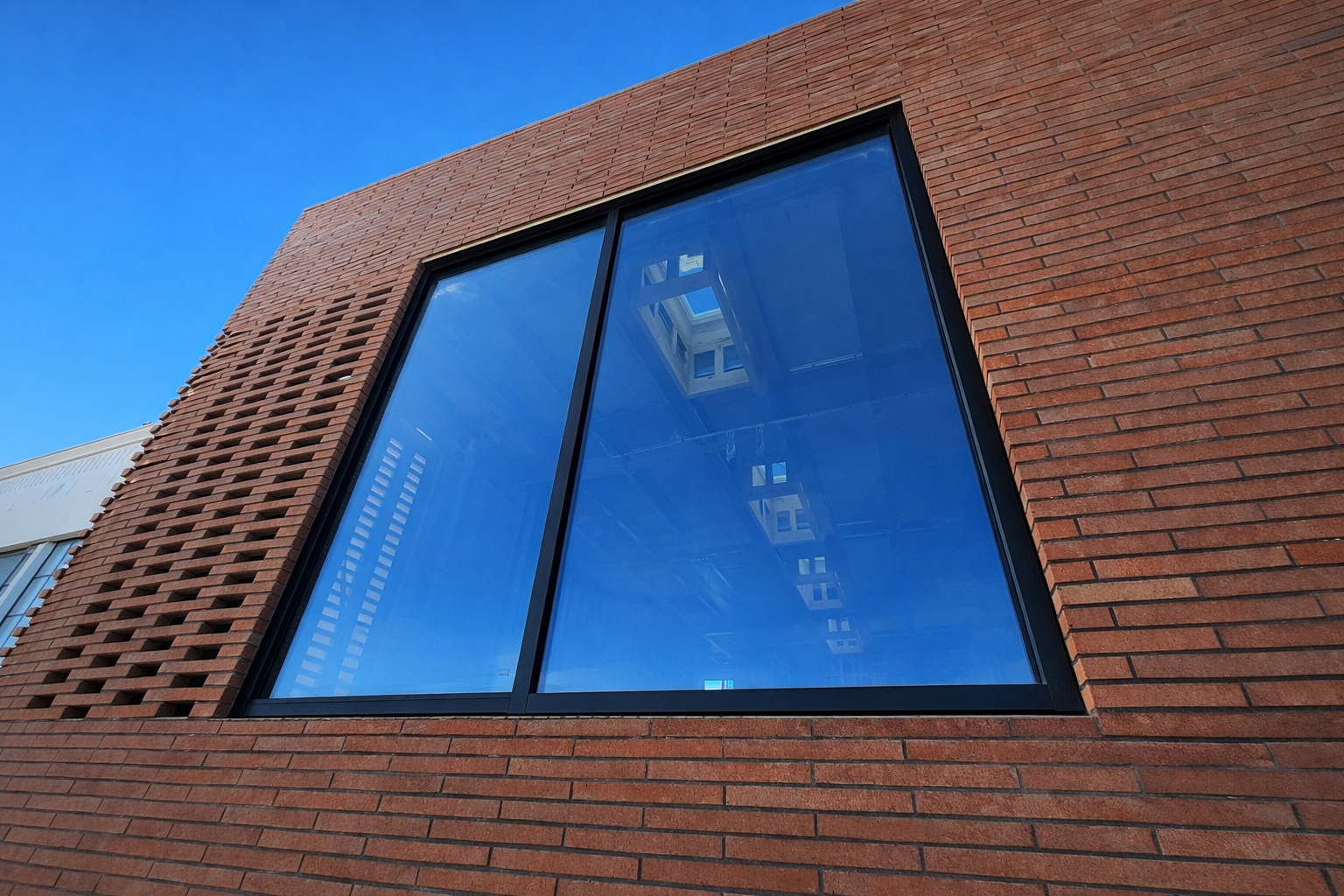 Close-up of glazing and joinery works with a large, reflective glass window showing parts of another building