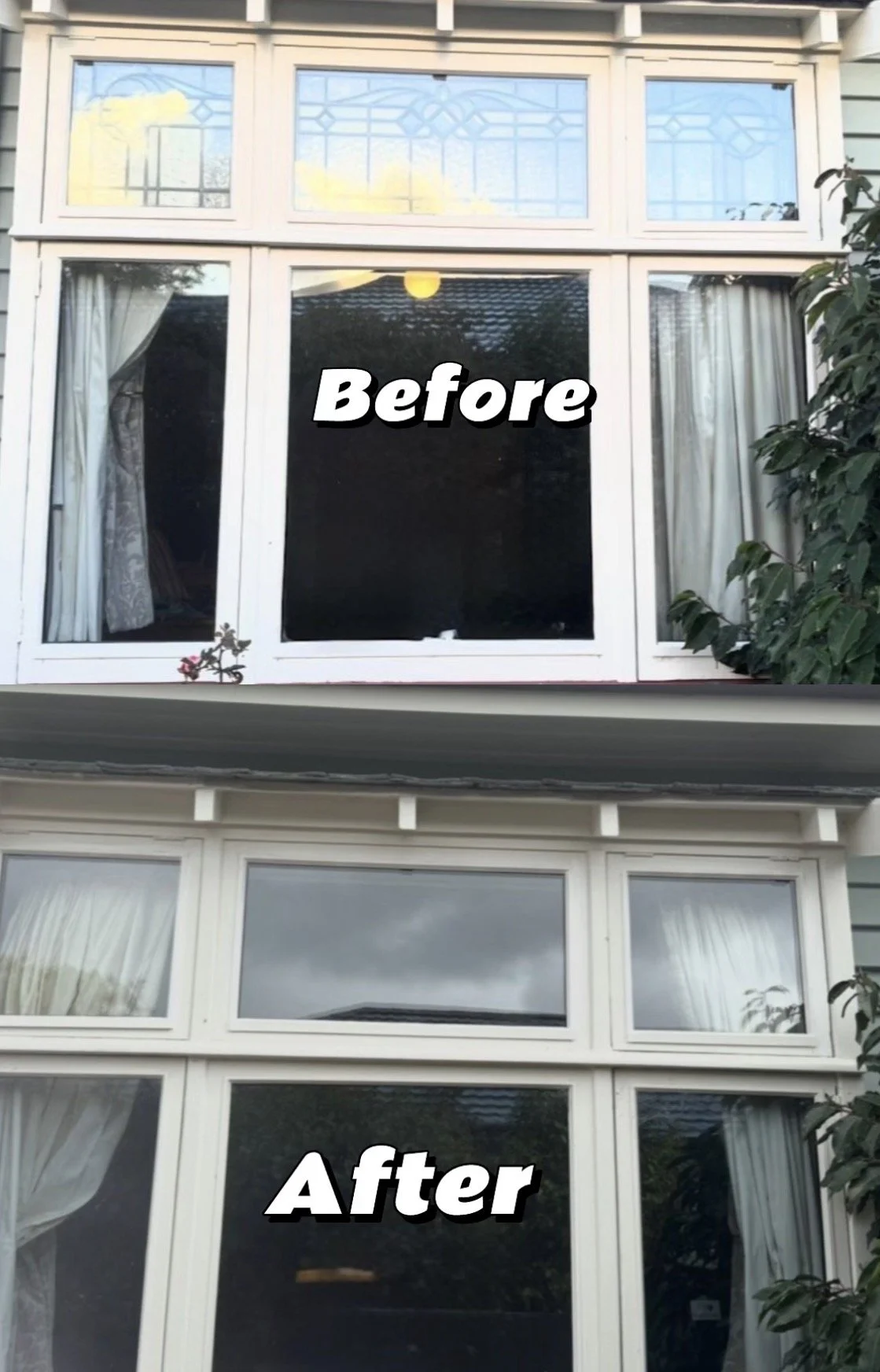 Comparison of a house window before and after cleaning, with 'Before' label on the top image showing dirt and grime, and 'After' label on the bottom image showing a clean window.