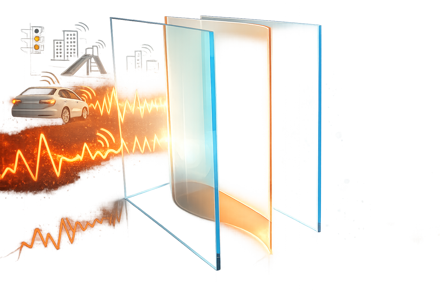 An illustration of a smart glass window with digitally rendered images of noises with animated waveform patterns suggesting double glazing retrofit can reduce noise.