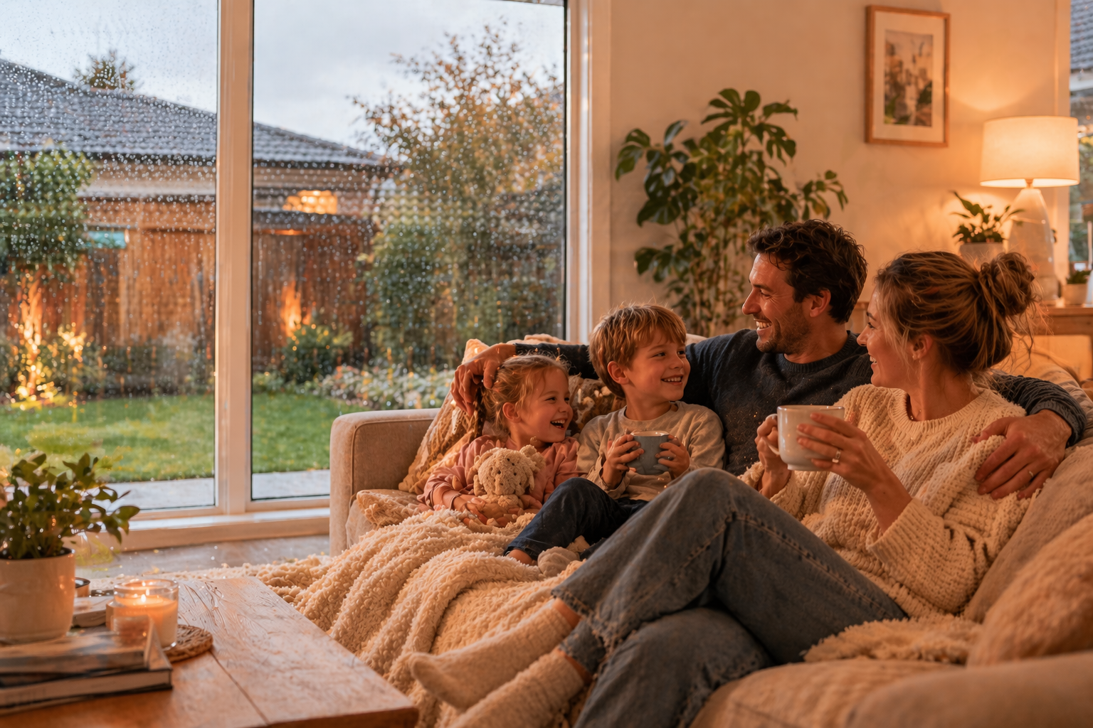 A family of four relaxing together on a cozy sofa in a living room during rain, sharing warm drinks and laughing, with a rain-soaked window and garden outside.