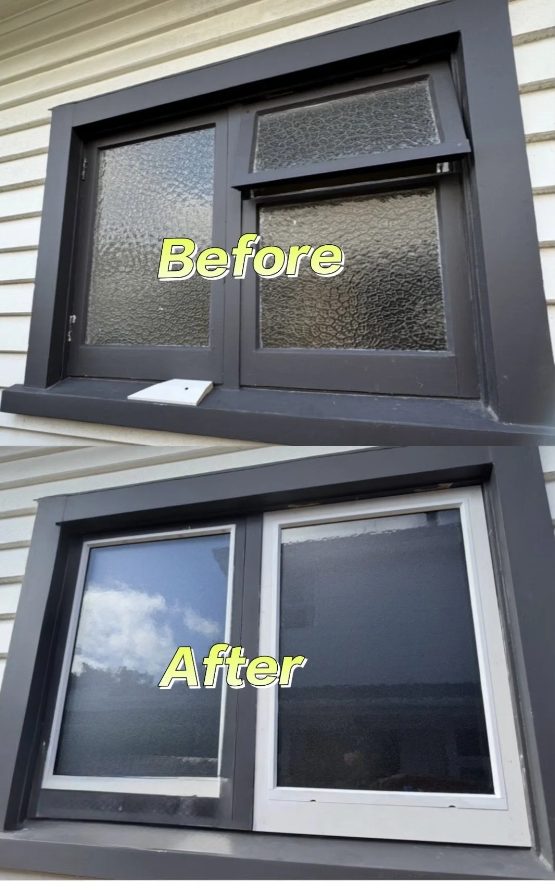 Comparison of a window before and after replacement or cleaning: the top image shows an older window with textured glass and dark frame, while the bottom image shows a newer window with clear glass and a white frame.