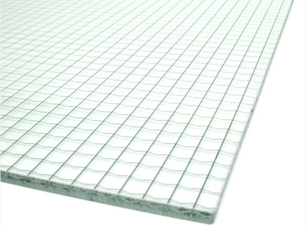 Close-up image of a glass panel with a wire mesh embedded inside.