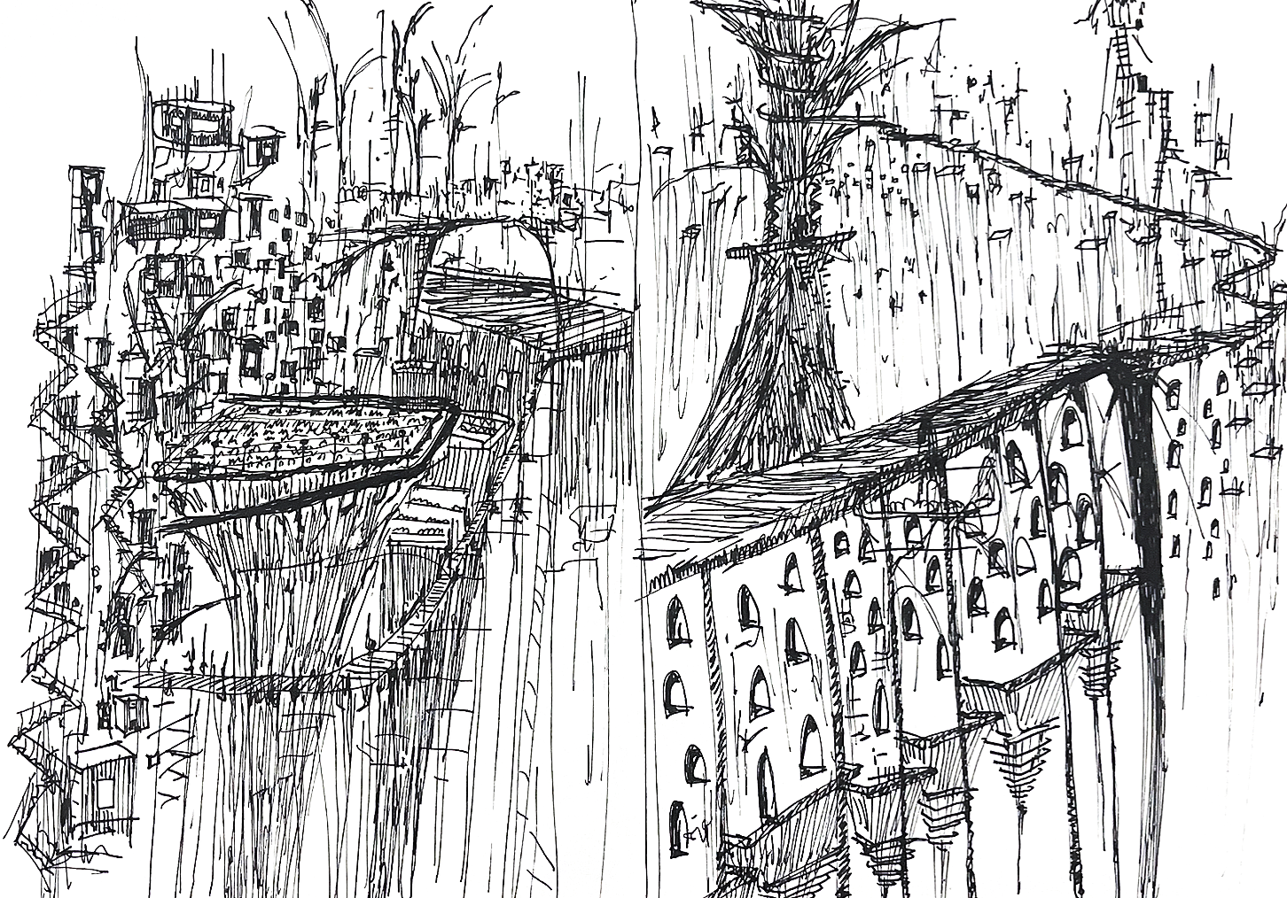 A detailed black and white sketch of an urban cityscape, featuring high-rise buildings, bridges, and various architectural structures with a complex, layered appearance.