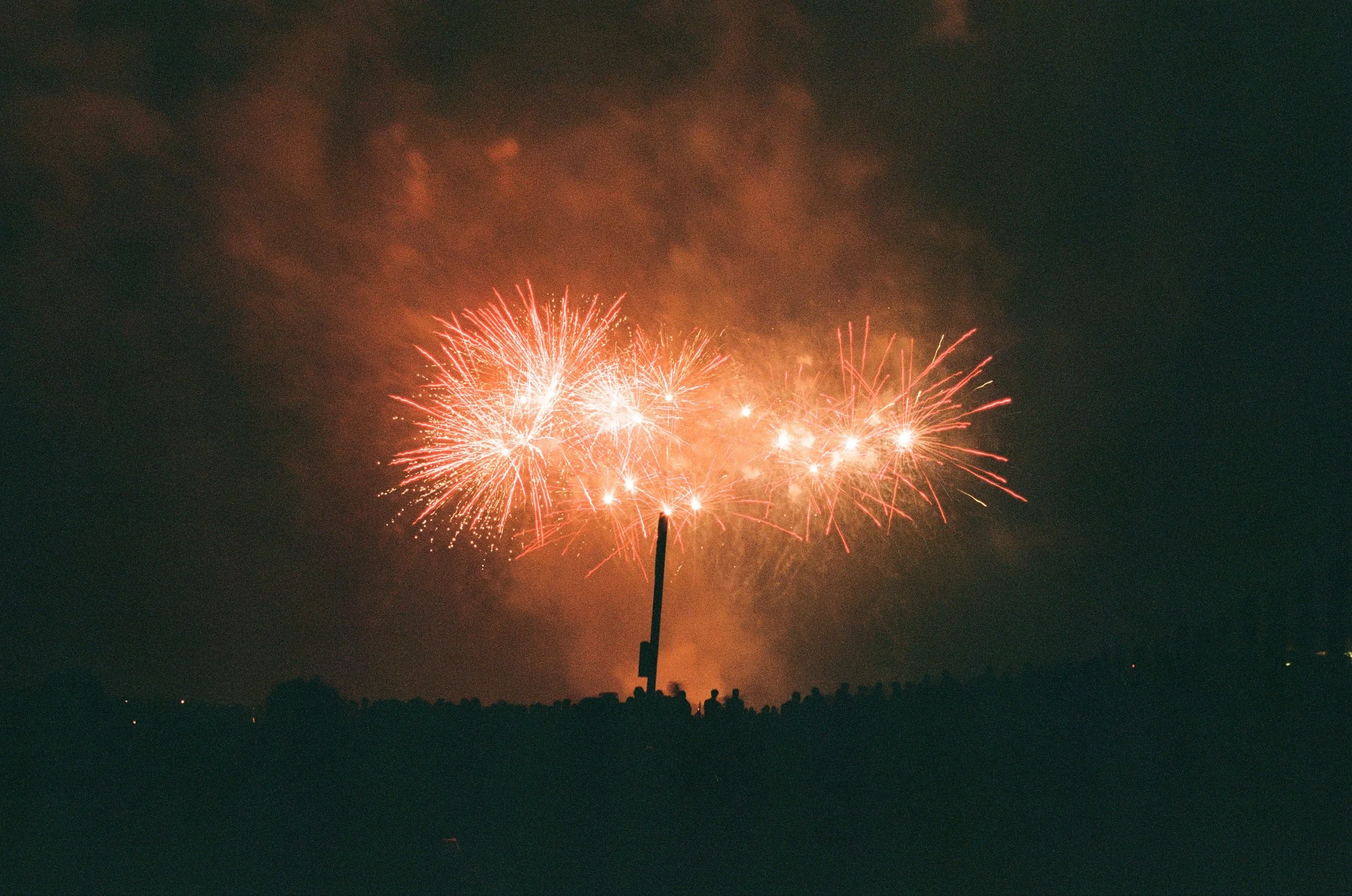 Fireworks exploding in the night sky with a crowd watching from the ground.