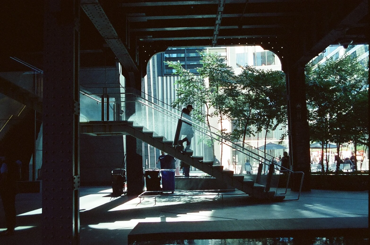 Silhouette of a person walking up a staircase inside a modern building with large windows and trees outside, sunlight streaming in.