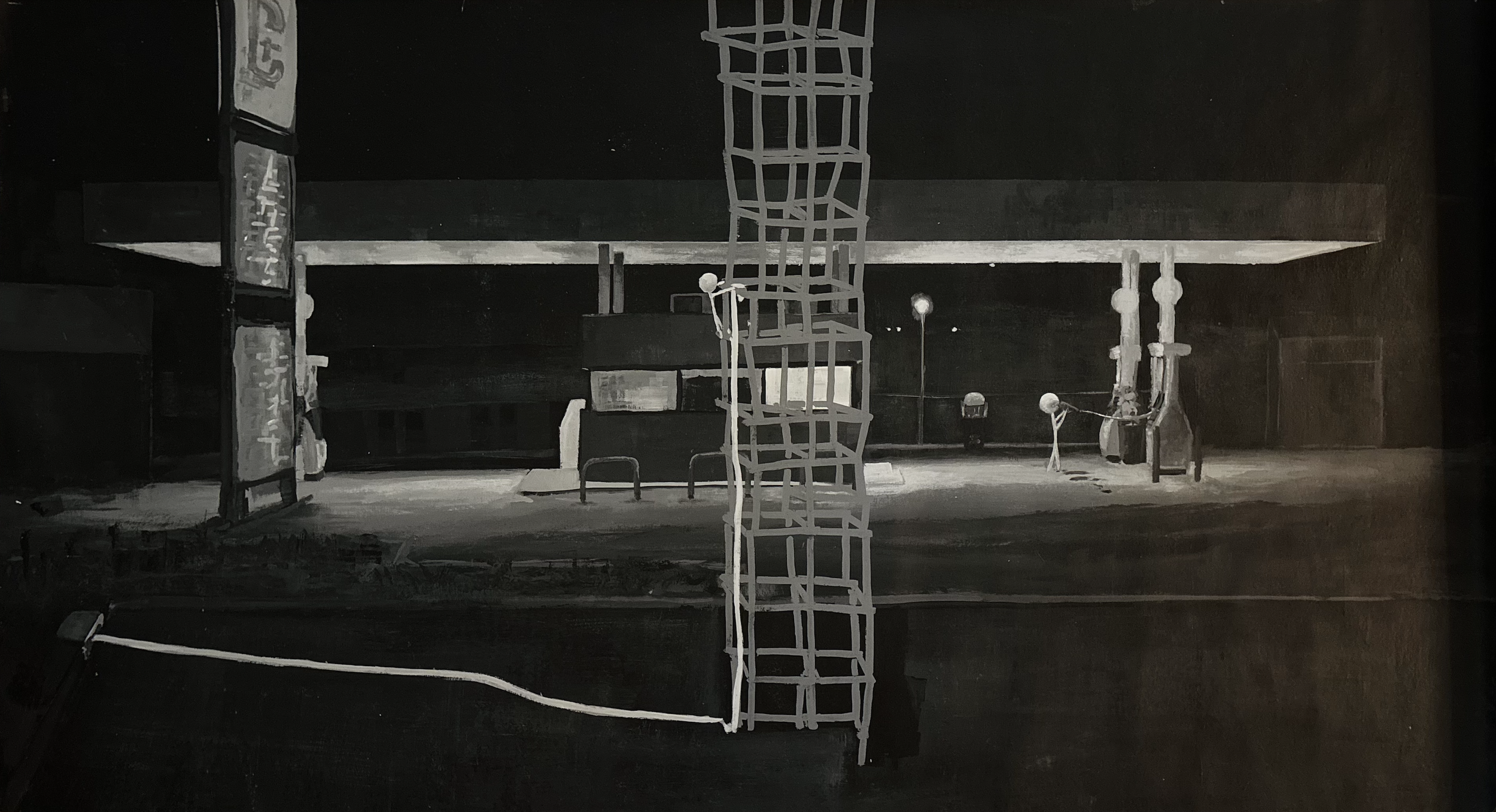 Night scene of a minimalistic mural showing a street corner with a lamppost, a billboard, a pole with two figures leaning, and a building in the background, all in grayscale.