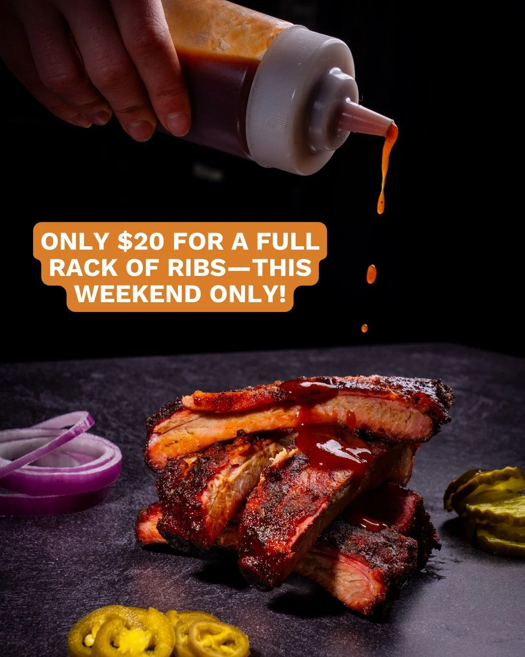 This weekend only, get a FULL rack of ribs for just $20! 🍖 

This Memorial Day weekend, skip the sad grill situation and let our pitmasters handle it. Come grab yours while it lasts! Smoky, saucy, and worth the mess. 

Memorial Day Weekend only: Sat