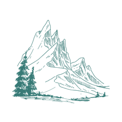 A line drawing of a mountain peak with surrounding snow and rocky terrain.