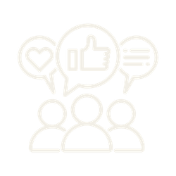 Three people with speech bubbles showing a heart, a thumbs-up, and a chat icon.