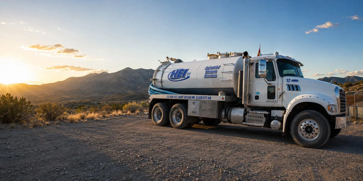 A white industrial truck with a vacuum service company logo, parked on a dirt road in a desert landscape at sunset, with mountains and a partly cloudy sky in the background.