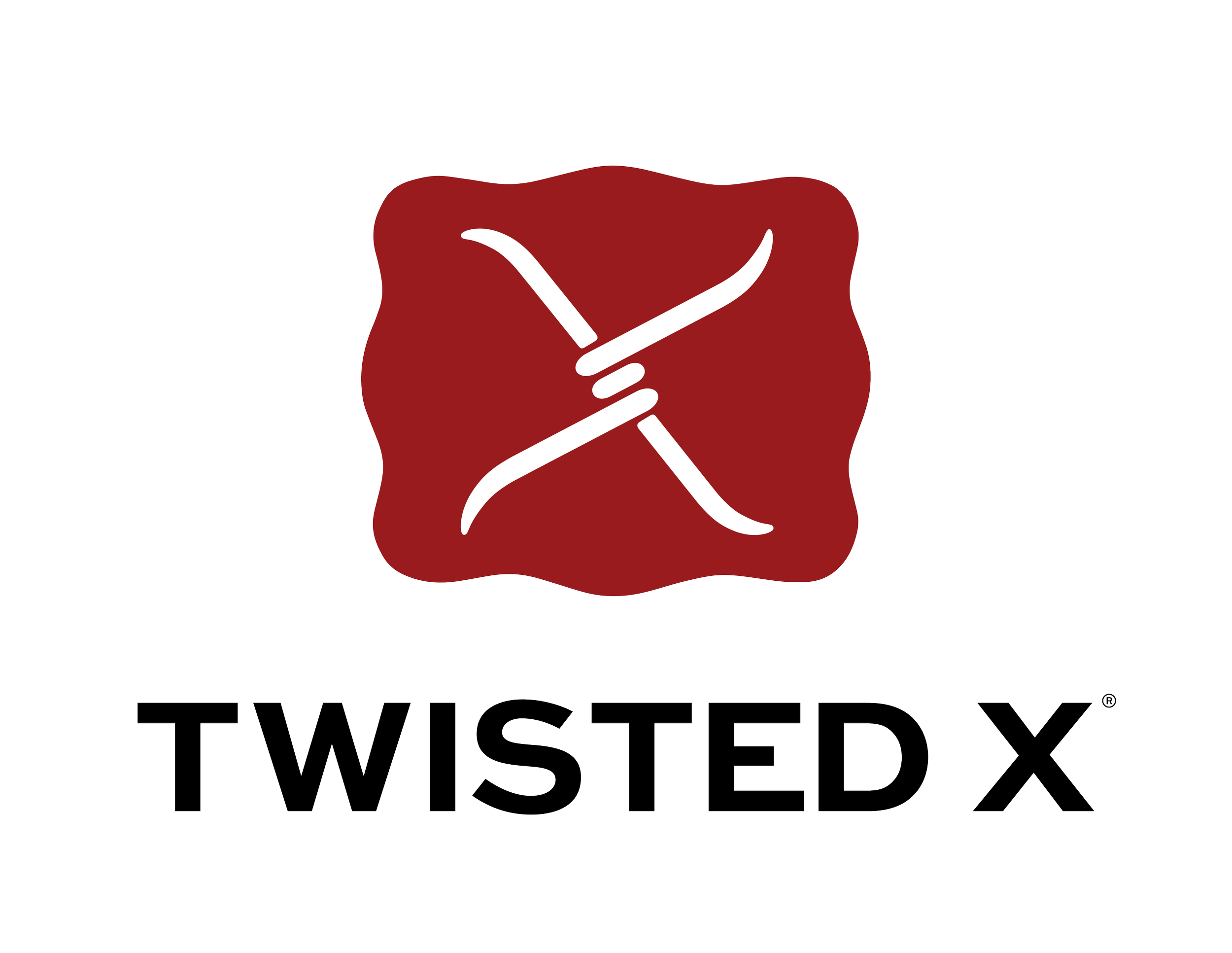 Twisted X logo with two white squiggly lines crossing each other inside a maroon shape, and the text 'TWISTED X' below.