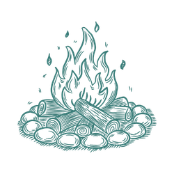 A campfire burning with flames and smoke rising.
