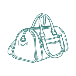 Drawing of a travel duffel bag with handles, a front pocket, and side straps.