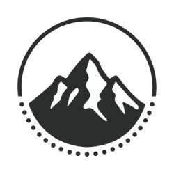 Minimalist mountain logo with a circle border and a rising or setting sun behind the peaks.