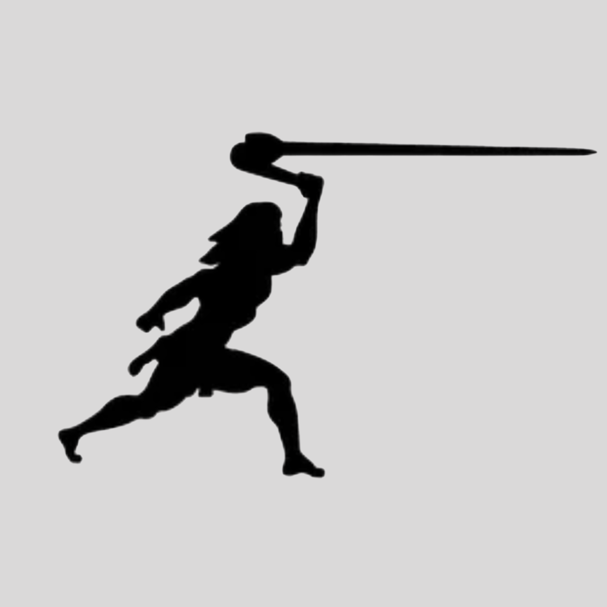 Silhouette of a female warrior with a sword, ready to strike, in an action pose.