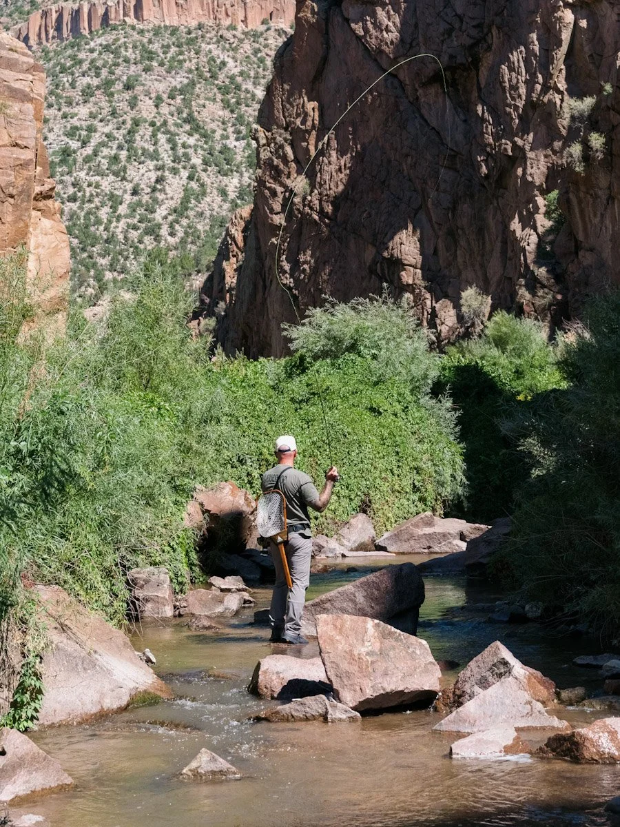 A person fly fishing in a rocky river surrounded by green vegetation and tall red canyon walls.
