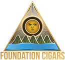 Logo for Foundation Cigars featuring a stylized face of a sun with mountains in the background and the text 'Foundation Cigars' below.