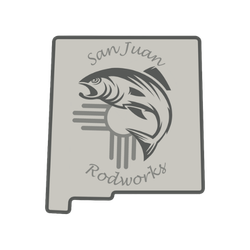 Logo for San Juan Rodworks featuring a stylized fish with lines representing water, on a yellow background with red border and blue text.